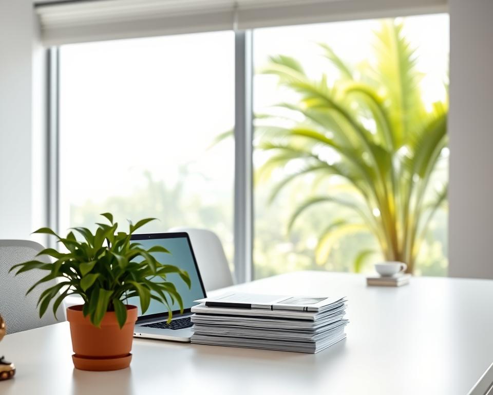 A clean, modern office space with a large window overlooking a lush, verdant landscape. On the desk, a stack of insurance documents and a laptop display showcasing a comprehensive coverage plan for a cleaning business. The lighting is soft and diffuse, creating a professional yet inviting atmosphere. In the foreground, a potted plant and a small, stylish desk accessory add a touch of warmth and personality to the scene. The overall mood conveys a sense of security, protection, and attention to detail - essential elements for a thriving cleaning enterprise in Florida. A clean, modern office space with a large window overlooking a lush, verdant landscape. On the desk, a stack of insurance documents and a laptop display showcasing a comprehensive coverage plan for a cleaning business. The lighting is soft and diffuse, creating a professional yet inviting atmosphere. In the foreground, a potted plant and a small, stylish desk accessory add a touch of warmth and personality to the scene. The overall mood conveys a sense of security, protection, and attention to detail - essential elements for a thriving cleaning enterprise in Florida.