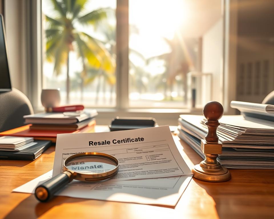 An office desk with various verification documents and tools, bathed in warm Florida sunlight streaming through a window. On the desk, a resale certificate form, a magnifying glass for detailed inspection, a stamp for official approval, and neatly organized files. The background features palm trees visible outside, evoking a tropical atmosphere. The scene conveys a sense of professionalism, attention to detail, and compliance with Florida's resale certificate requirements.