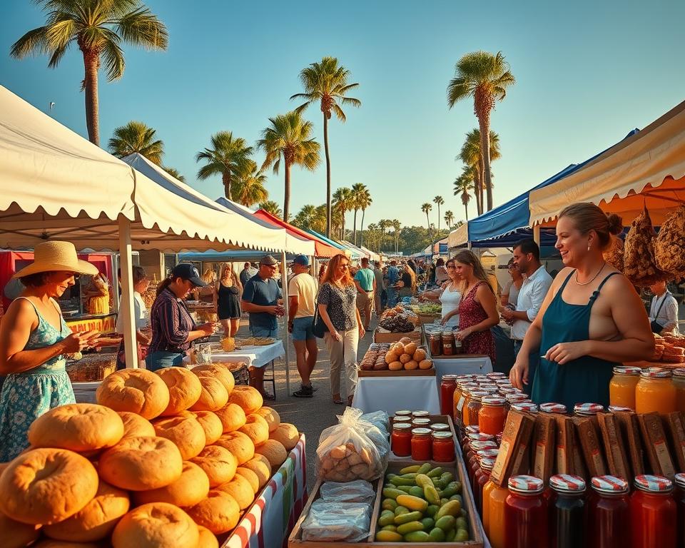 A bustling outdoor market filled with colorful tents and stalls, showcasing an array of homemade baked goods, jams, and other cottage food offerings. The warm, natural lighting casts a golden glow over the scene, highlighting the vibrant produce and the smiling faces of both vendors and shoppers. In the foreground, a display of freshly baked breads and pastries tempts passersby, while in the middle ground, a variety of preserves and pickled vegetables catch the eye. In the background, a picturesque Florida landscape frames the market, complete with palm trees and a clear blue sky. The overall atmosphere is one of community, tradition, and the celebration of local, homemade delights.
