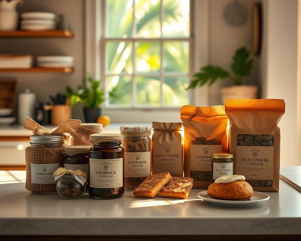 A cozy, well-lit kitchen counter with an array of neatly packaged cottage food items, including jars of preserves, baked goods, and other homemade treats. The packaging features simple, earthy designs and natural materials like burlap, twine, and kraft paper labels. Warm, soft lighting illuminates the scene, creating a welcoming and inviting atmosphere. In the background, a glimpse of a lush, tropical Florida landscape through a window, hinting at the local and fresh origins of the products. The composition emphasizes the care and attention put into the packaging, reflecting the quality and pride of the cottage food producer.