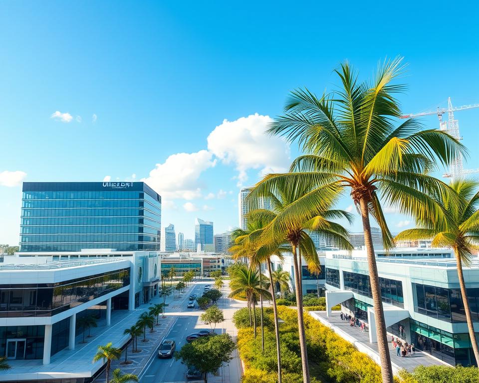 A dynamic, high-tech landscape in sunny Florida. In the foreground, sleek modern buildings housing innovative tech companies, their facades reflecting the blue skies above. In the middle ground, bustling research labs and university campuses, scientists and engineers collaborating on cutting-edge projects. The background features verdant palm trees swaying gently, the warm coastal air complementing the digital energy of the scene. Crisp, natural lighting illuminates the entire setting, conveying a sense of progress, discovery, and Florida's thriving innovation ecosystem. A dynamic, high-tech landscape in sunny Florida. In the foreground, sleek modern buildings housing innovative tech companies, their facades reflecting the blue skies above. In the middle ground, bustling research labs and university campuses, scientists and engineers collaborating on cutting-edge projects. The background features verdant palm trees swaying gently, the warm coastal air complementing the digital energy of the scene. Crisp, natural lighting illuminates the entire setting, conveying a sense of progress, discovery, and Florida's thriving innovation ecosystem.
