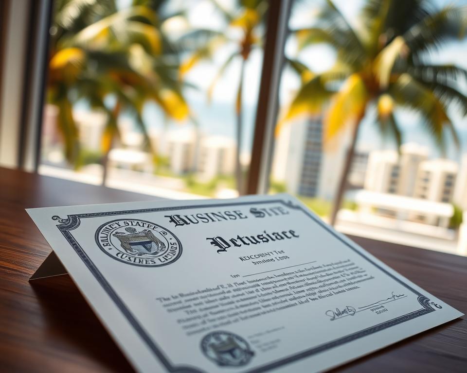 A high-quality business license document resting on a wooden desk, illuminated by soft natural light filtering through a window. The license features an official state seal, embossed lettering, and intricate security patterns. The background is a blurred view of a vibrant Florida cityscape, with palm trees swaying gently. The overall composition conveys a sense of professionalism, legality, and the fulfillment of legal requirements for conducting business in the state. A high-quality business license document resting on a wooden desk, illuminated by soft natural light filtering through a window. The license features an official state seal, embossed lettering, and intricate security patterns. The background is a blurred view of a vibrant Florida cityscape, with palm trees swaying gently. The overall composition conveys a sense of professionalism, legality, and the fulfillment of legal requirements for conducting business in the state.