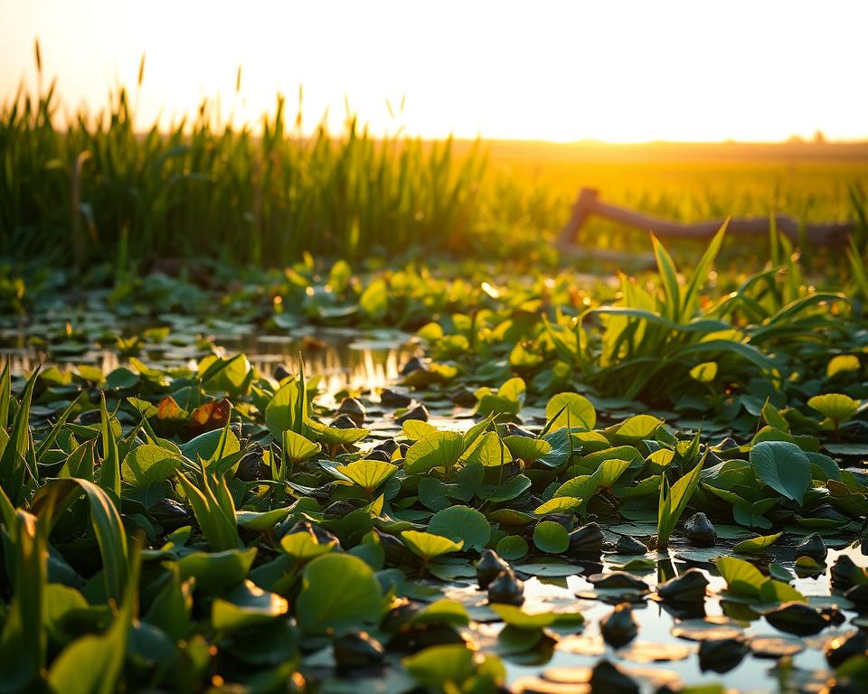 A lush, verdant Florida wetland at dusk, with a vibrant chorus of frogs chirping in the foreground. The scene is bathed in warm, golden light, casting long shadows across the still water. In the middle ground, dense vegetation of cattails, lily pads, and aquatic plants create a serene, natural backdrop. The background fades into a softly blurred horizon, hinting at the expansive landscape beyond. The overall composition conveys a sense of tranquility and the rhythmic symphony of the frog chorus, inviting the viewer to immerse themselves in the natural soundscape of a Florida wetland at dusk. A lush, verdant Florida wetland at dusk, with a vibrant chorus of frogs chirping in the foreground. The scene is bathed in warm, golden light, casting long shadows across the still water. In the middle ground, dense vegetation of cattails, lily pads, and aquatic plants create a serene, natural backdrop. The background fades into a softly blurred horizon, hinting at the expansive landscape beyond. The overall composition conveys a sense of tranquility and the rhythmic symphony of the frog chorus, inviting the viewer to immerse themselves in the natural soundscape of a Florida wetland at dusk.