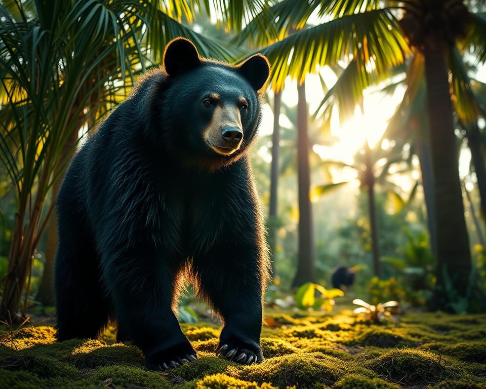 A majestic black bear standing tall in the lush, green Florida wilderness. Soft, golden sunlight filters through the towering palm trees, casting a warm glow on the bear's thick, glossy fur. Its keen eyes are alert, scanning the undergrowth for any signs of danger or potential food sources. The bear's powerful muscles ripple beneath its skin as it takes a few steps, its large paws leaving imprints on the soft, mossy forest floor. The scene exudes a sense of tranquility and respect for the natural world, conveying the importance of understanding and coexisting with Florida's black bears.