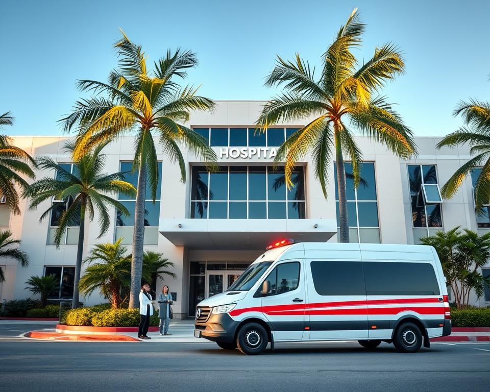 A modern, well-equipped hospital with a grand entrance, surrounded by lush palm trees and a clear blue sky. The building's facade features large windows and a prominent sign. In the foreground, a sleek ambulance is parked, its lights flashing. A team of medical professionals in scrubs and lab coats stand ready to provide immediate care. The atmosphere is calm and reassuring, conveying a sense of professionalism and expertise. The scene is illuminated by warm, natural lighting, creating a welcoming and trustworthy environment for those in need of medical attention. A modern, well-equipped hospital with a grand entrance, surrounded by lush palm trees and a clear blue sky. The building's facade features large windows and a prominent sign. In the foreground, a sleek ambulance is parked, its lights flashing. A team of medical professionals in scrubs and lab coats stand ready to provide immediate care. The atmosphere is calm and reassuring, conveying a sense of professionalism and expertise. The scene is illuminated by warm, natural lighting, creating a welcoming and trustworthy environment for those in need of medical attention.