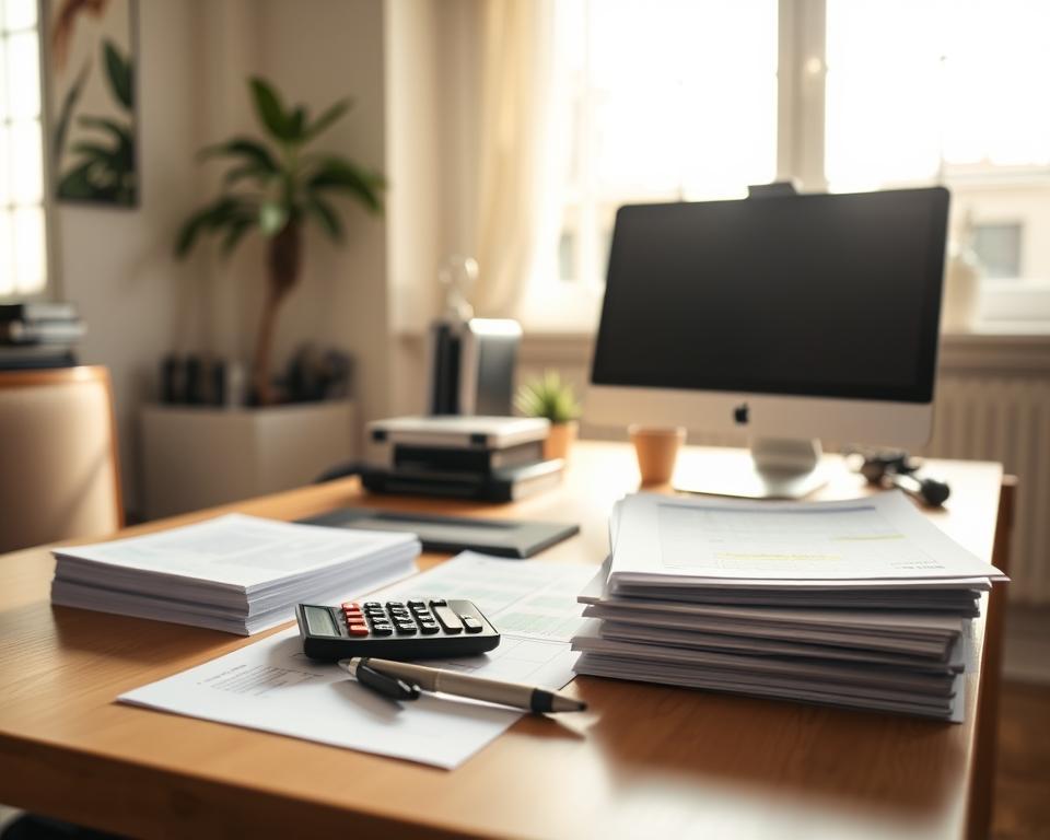 A neatly organized home office with a desktop computer, calculator, and stacks of tax documents. The scene is bathed in soft, natural lighting from a large window, casting a warm glow over the workspace. On the desk, a calculator and a pen are placed next to a stack of forms, alluding to the self-employment tax calculations required for independent contractors. The overall mood is one of diligence and attention to detail, reflecting the meticulous financial responsibilities of salon booth renters and owners working with independent contractors in Florida. A neatly organized home office with a desktop computer, calculator, and stacks of tax documents. The scene is bathed in soft, natural lighting from a large window, casting a warm glow over the workspace. On the desk, a calculator and a pen are placed next to a stack of forms, alluding to the self-employment tax calculations required for independent contractors. The overall mood is one of diligence and attention to detail, reflecting the meticulous financial responsibilities of salon booth renters and owners working with independent contractors in Florida.