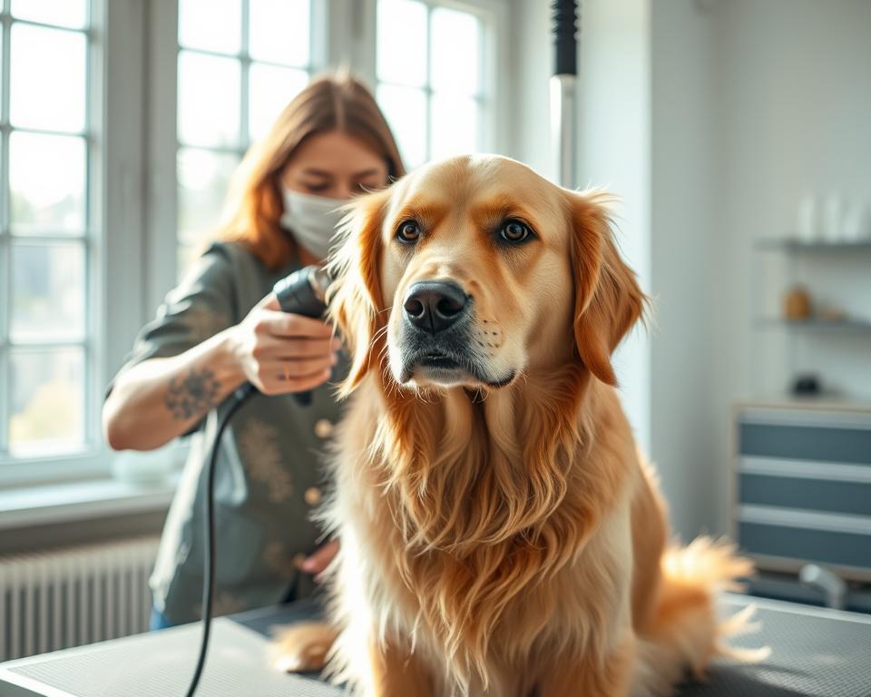 A professional dog groomer carefully trimming the soft, fluffy fur of a golden retriever in a well-lit, clean grooming studio. The groomer's skilled hands guide the electric clipper with precision, shaping the dog's coat to a neat, uniform length. The dog's expression is calm and relaxed, reflecting the groomer's gentle, patient approach. Soft natural light filters through large windows, casting a warm, inviting glow over the scene. The grooming table is equipped with all the necessary tools, creating an atmosphere of professionalism and trust. The overall impression is one of expertise, care, and a strong bond between the groomer and the dog.