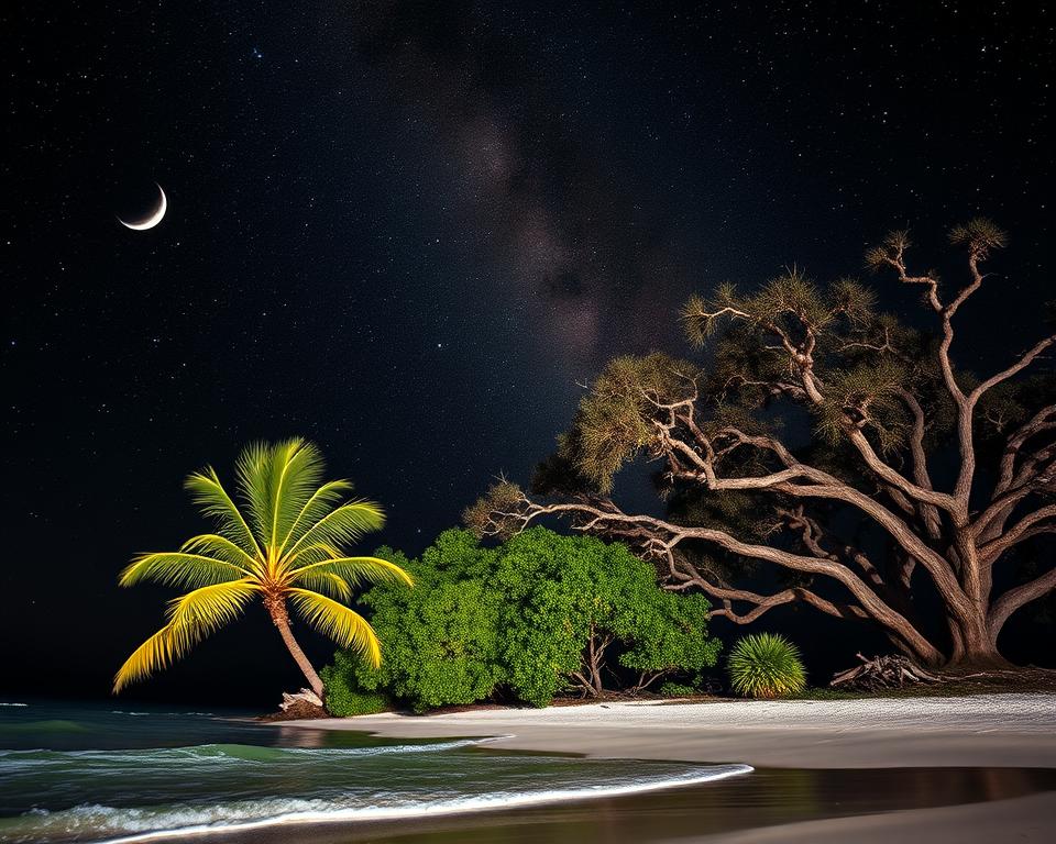 A stunning night sky over the Florida coastline, where the Milky Way galaxy stretches across the inky blackness. In the foreground, a serene beach scene with gentle waves lapping at the shore, illuminated by the soft glow of a crescent moon. The middle ground features a lush, verdant palm grove, its fronds swaying gently in the warm coastal breeze. In the background, the silhouettes of majestic live oak trees, their twisted branches reaching skyward, creating a natural canopy that showcases the brilliance of the night sky. The overall mood is one of tranquility and wonder, highlighting the importance of preserving dark skies for the benefit of Florida's vibrant nocturnal wildlife. A stunning night sky over the Florida coastline, where the Milky Way galaxy stretches across the inky blackness. In the foreground, a serene beach scene with gentle waves lapping at the shore, illuminated by the soft glow of a crescent moon. The middle ground features a lush, verdant palm grove, its fronds swaying gently in the warm coastal breeze. In the background, the silhouettes of majestic live oak trees, their twisted branches reaching skyward, creating a natural canopy that showcases the brilliance of the night sky. The overall mood is one of tranquility and wonder, highlighting the importance of preserving dark skies for the benefit of Florida's vibrant nocturnal wildlife.