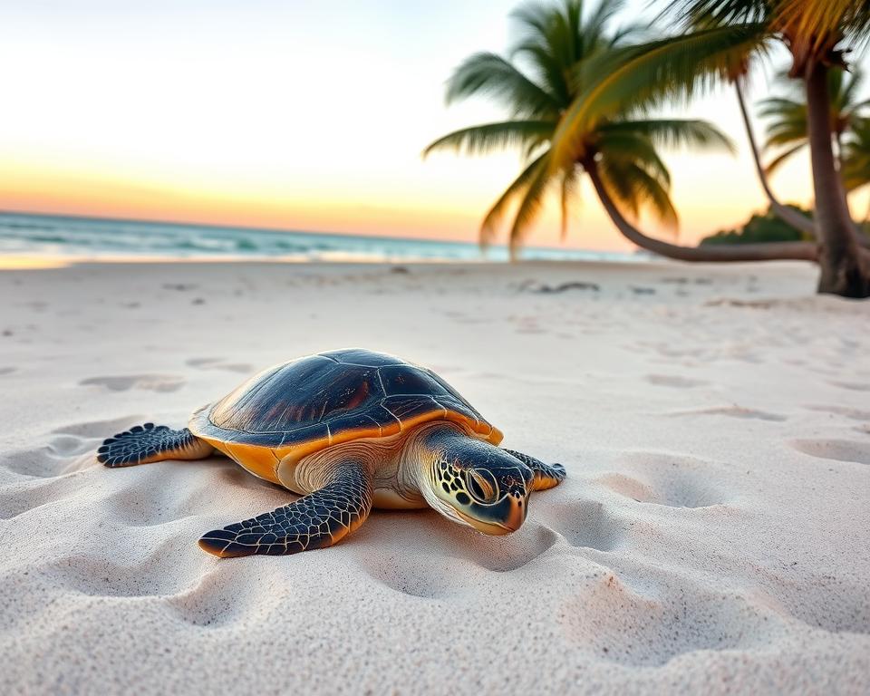 A tranquil Florida beach at dusk, with a female sea turtle carefully making her way up the shore, leaving gentle impressions in the soft sand. The turtle's shell glistens in the warm, golden light, her eyes alert and focused as she searches for the perfect nesting spot. In the background, lush palm trees sway gently in the evening breeze, and the calm, turquoise waters of the Gulf of Mexico stretch out to the horizon. The scene is serene and evocative, capturing the essence of Florida's natural beauty and the delicate balance of life that unfolds on its beaches. A tranquil Florida beach at dusk, with a female sea turtle carefully making her way up the shore, leaving gentle impressions in the soft sand. The turtle's shell glistens in the warm, golden light, her eyes alert and focused as she searches for the perfect nesting spot. In the background, lush palm trees sway gently in the evening breeze, and the calm, turquoise waters of the Gulf of Mexico stretch out to the horizon. The scene is serene and evocative, capturing the essence of Florida's natural beauty and the delicate balance of life that unfolds on its beaches.