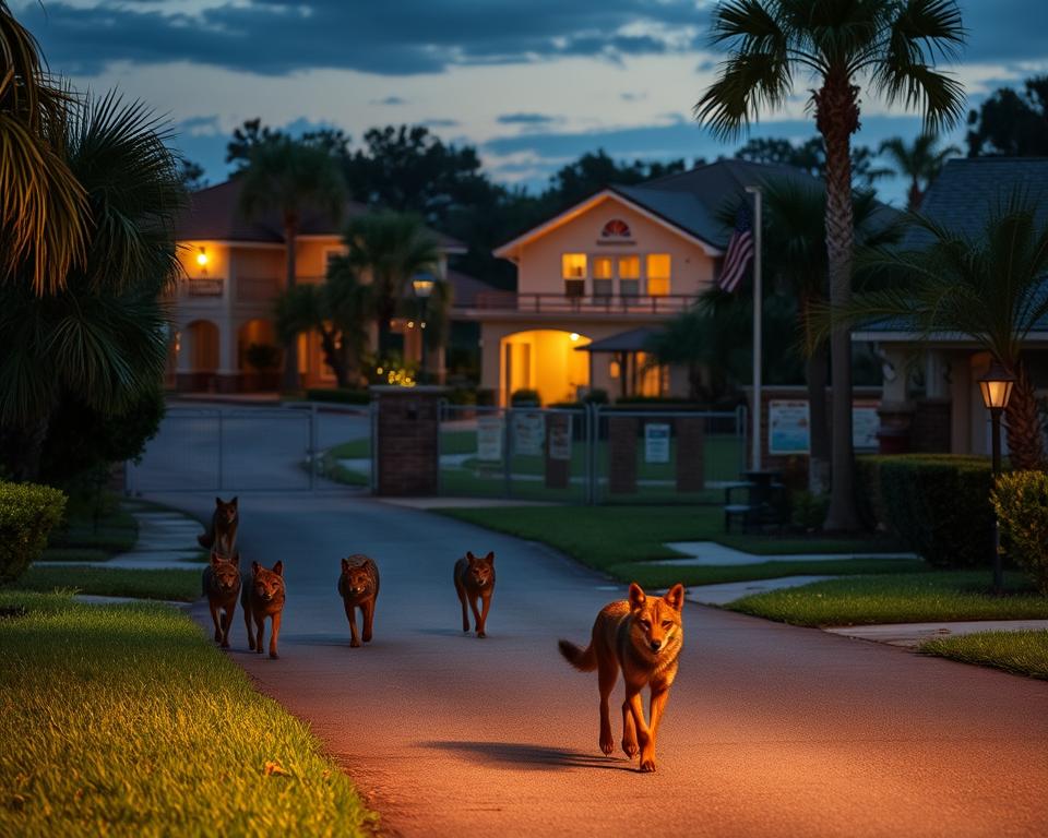 A tranquil Florida neighborhood at dusk, with lush vegetation and winding streets. In the foreground, a group of coyotes cautiously roam, their watchful eyes scanning the area. In the middle ground, residents diligently secure their trash cans and pet enclosures, creating a barrier against potential coyote encounters. The background features a well-lit community center, where educational posters and signage promote coyote awareness and prevention strategies. The lighting is warm and inviting, reflecting the harmonious coexistence between the human and animal inhabitants. Detailed, realistic, high-quality, cinematic.