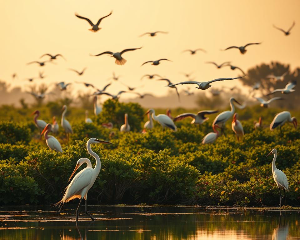 A tranquil scene of birds soaring above a lush, sun-dappled Florida wetland. In the foreground, a pair of graceful egrets elegantly wade through the shallows, their long necks and delicate plumage reflected in the still waters. In the middle ground, a flock of ibises, their curved beaks and vibrant pink hues contrasting against the verdant foliage. In the background, silhouettes of herons and pelicans glide effortlessly through the warm, golden-hued sky. Soft, diffused lighting bathes the entire tableau, conveying a sense of serene beauty and the harmony of nature.