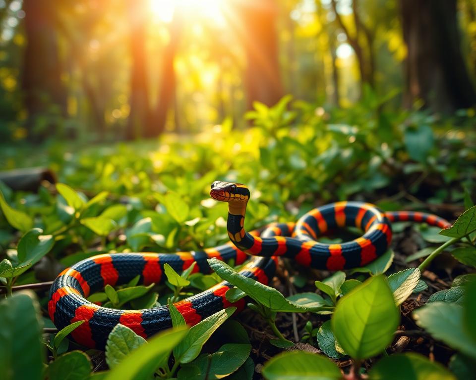 A vibrant coral snake slithers across a lush, verdant forest floor in Florida. Its striking red, black, and yellow bands glisten under the warm, filtered sunlight that streams through the canopy above. The reptile's sinuous movements are captured in sharp detail, its head held high as it surveys its surroundings with a keen, alert gaze. The scene exudes a sense of natural wonder and the inherent danger of this venomous predator, a key species to recognize among Florida's diverse ophidian inhabitants.