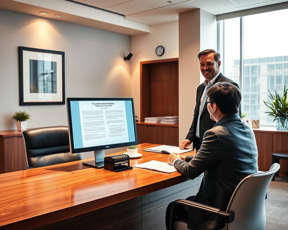 A well-lit modern office interior with a polished wooden desk, a computer monitor displaying document templates, and a professional-looking notary public standing with a notary seal and stamp. The notary is dressed in business attire, smiling and engaged with a client sitting across the desk. The room has warm indirect lighting and a clean, organized appearance, conveying an efficient, compliant notarization workflow. The scene evokes a sense of trust, professionalism, and attention to detail. A well-lit modern office interior with a polished wooden desk, a computer monitor displaying document templates, and a professional-looking notary public standing with a notary seal and stamp. The notary is dressed in business attire, smiling and engaged with a client sitting across the desk. The room has warm indirect lighting and a clean, organized appearance, conveying an efficient, compliant notarization workflow. The scene evokes a sense of trust, professionalism, and attention to detail.
