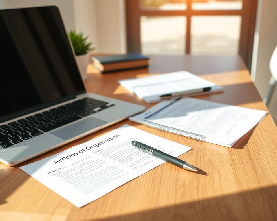 Articles of Organization in a clean, professional arrangement on a wooden desk with a Florida-inspired backdrop. A laptop, pen, and documents neatly organized, conveying the process of setting up a new business. Soft natural lighting highlights the details, with a serene, productive atmosphere. The scene reflects the methodical steps of moving forward with the articles of organization, ready to be documented in the accompanying article.