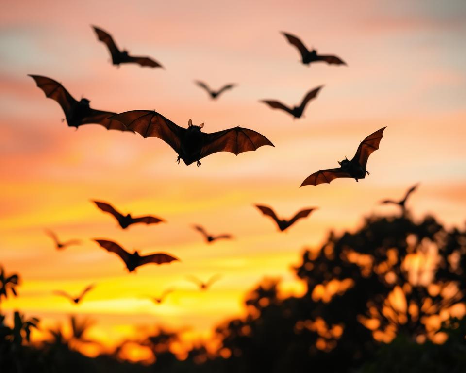 evening bats flying over a lush, verdant Florida landscape at dusk, silhouetted against a vibrant orange and pink sunset sky, their delicate winged forms swooping and circling gracefully through the air, showcasing their agility and adaptability to the unique Florida ecosystem, the scene captured with a telephoto lens to highlight the intricate details of their movements and anatomy, creating an atmospheric and naturalistic depiction of these fascinating creatures in their natural habitat