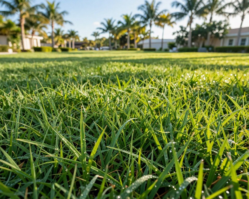 A close-up view of a lush, healthy grass lawn in South Florida, showcasing different grass types such as St. Augustine and Bermuda. In the foreground, vibrant green blades of grass glisten with morning dew, highlighting their freshness. The middle ground features a well-maintained lawn with a subtle variation of grass textures, representing healthy growth. In the background, a sunny Florida landscape with palm trees and a clear blue sky conveys warmth and a tropical vibe. The warm sunlight casts soft shadows, enhancing the colors and textures of the grass. The atmosphere is calm and inviting, reflecting an ideal environment for lawn care and fertilization practices. The image should evoke a sense of serene outdoor beauty, with no text, captions, or human elements present.