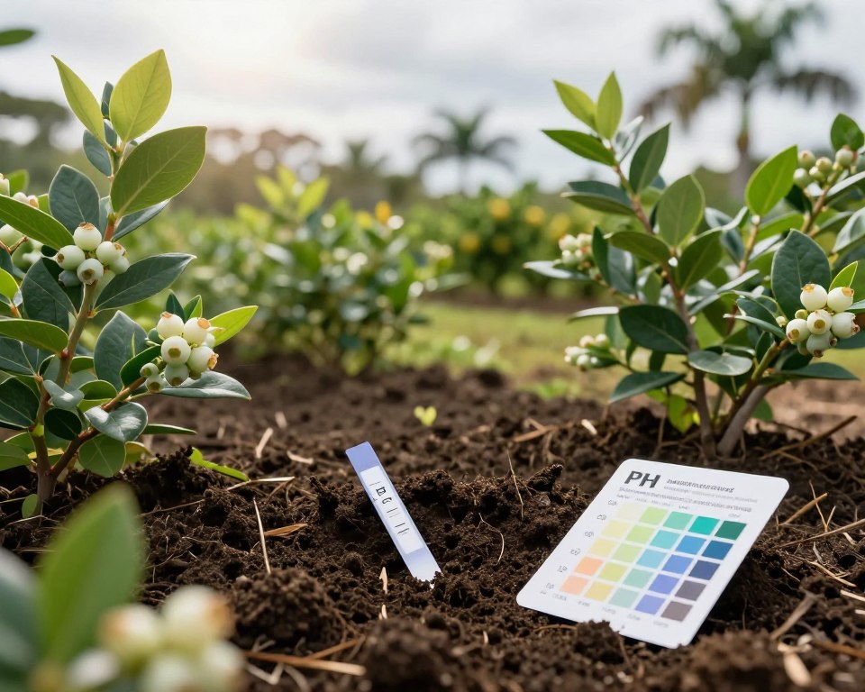 A close-up view of rich, dark soil showing a pH testing kit partially buried in it, with soil pH test strips and a color reference chart beside it. Lush blueberry bushes with vibrant green leaves and small white flowers are visible in the foreground, indicating a healthy planting environment. In the middle ground, the sun filters through an overcast sky, casting soft, diffused light across the scene, highlighting the textures of the soil. In the background, a subtropical landscape typical of Florida features hints of palm trees and citrus groves. The overall mood is serene and educational, perfect for conveying the importance of soil pH and organic matter for successful gardening.