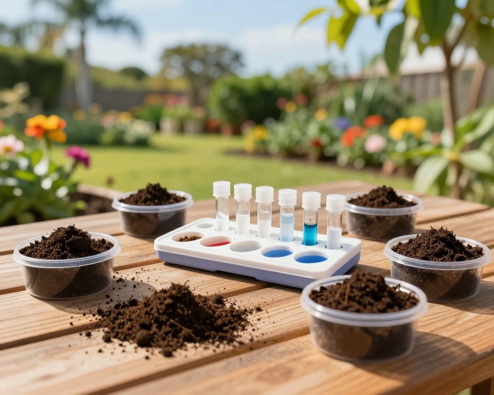 A close-up view of soil testing equipment laid out on a wooden outdoor table, featuring a soil test kit with vials and measuring tools, surrounded by various samples of rich, dark, healthy soil in small containers. The background showcases a sunny Florida garden filled with lush greenery and colorful flowers, with a gentle blue sky above. Soft sunlight filters through the leaves, creating a warm and inviting atmosphere. The angle captures a slight overhead view to emphasize the soil mix samples and testing kit, highlighting intricate details like soil texture and color. The overall mood evokes a sense of exploration and care for gardening, reflecting the importance of soil testing in creating ideal garden beds.