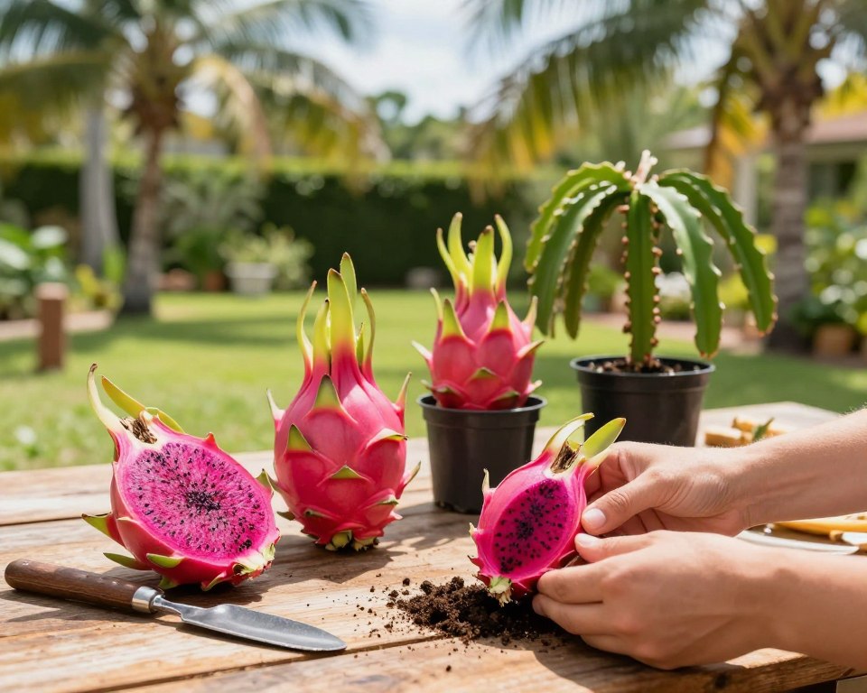 A close-up view of vibrant dragon fruit cuttings arranged on a rustic wooden table, showcasing their bright pink flesh and green spines. In the foreground, a pair of hands gently handling a cutting, with soil and gardening tools nearby. The middle of the scene features additional intact dragon fruit plants in pots, illustrating growth and abundance. In the background, a sunny Florida garden with palm trees and lush greenery sets a warm, tropical atmosphere. The lighting is natural, with soft sunlight casting gentle shadows, creating a sense of warmth and vibrancy. The composition is balanced and inviting, evoking the idea of successful propagation and growth. A close-up view of vibrant dragon fruit cuttings arranged on a rustic wooden table, showcasing their bright pink flesh and green spines. In the foreground, a pair of hands gently handling a cutting, with soil and gardening tools nearby. The middle of the scene features additional intact dragon fruit plants in pots, illustrating growth and abundance. In the background, a sunny Florida garden with palm trees and lush greenery sets a warm, tropical atmosphere. The lighting is natural, with soft sunlight casting gentle shadows, creating a sense of warmth and vibrancy. The composition is balanced and inviting, evoking the idea of successful propagation and growth.
