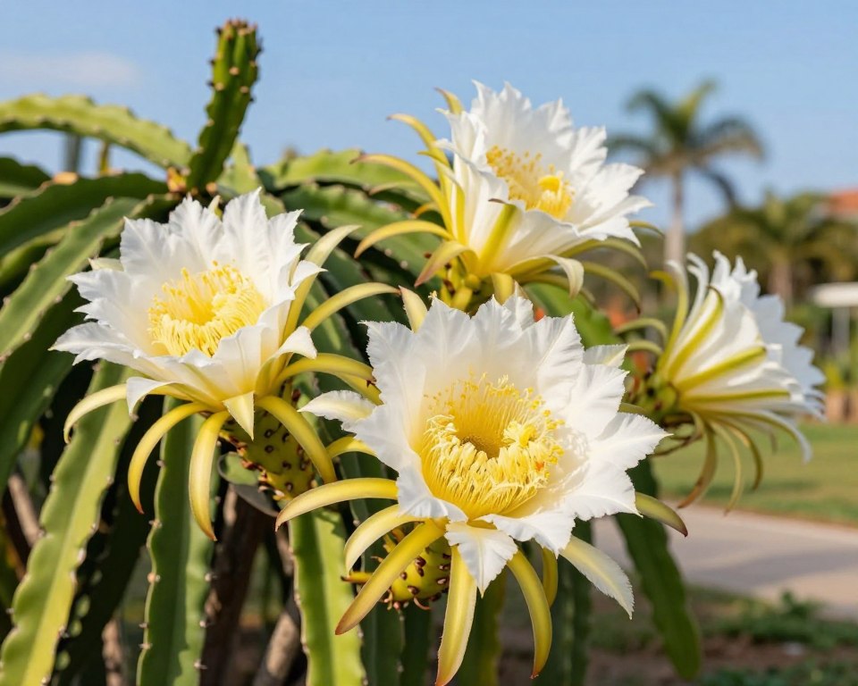 A close-up view of vibrant dragon fruit flowers in full bloom, showcasing their striking white petals and bright yellow stamens. In the foreground, focus on a few delicate flowers, capturing the intricate details of their textures and contrasting colors. The middle ground features lush green cactus pads that support these unique flowers, while hints of soft, blurred foliage create depth. In the background, a sunny Florida landscape with a clear blue sky and distant palm trees adds to the tropical atmosphere. The scene is bathed in warm, golden sunlight, enhancing the vivid colors and creating a serene and cheerful mood. The composition is balanced and inviting, perfect for illustrating the beauty of dragon fruit flowers and their role in pollination. A close-up view of vibrant dragon fruit flowers in full bloom, showcasing their striking white petals and bright yellow stamens. In the foreground, focus on a few delicate flowers, capturing the intricate details of their textures and contrasting colors. The middle ground features lush green cactus pads that support these unique flowers, while hints of soft, blurred foliage create depth. In the background, a sunny Florida landscape with a clear blue sky and distant palm trees adds to the tropical atmosphere. The scene is bathed in warm, golden sunlight, enhancing the vivid colors and creating a serene and cheerful mood. The composition is balanced and inviting, perfect for illustrating the beauty of dragon fruit flowers and their role in pollination.