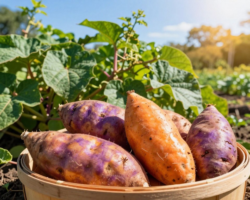 A lush garden scene featuring vibrant, freshly harvested sweet potatoes in various sizes and shapes, with their rich orange and purple skin reflecting sunlight. In the foreground, place a wooden basket filled with sweet potatoes, their earthy tones contrasting beautifully with the surrounding greenery. In the middle ground, show healthy, sprawling sweet potato vines with large green leaves thriving under a clear blue sky typical of Florida summers. The background includes hints of a warm, sunlit garden, suggesting the heat and humidity of the region, with soft golden light creating a cheerful, inviting atmosphere. Capture this tranquil, productive setting from a slightly elevated angle, emphasizing the bountiful harvest.