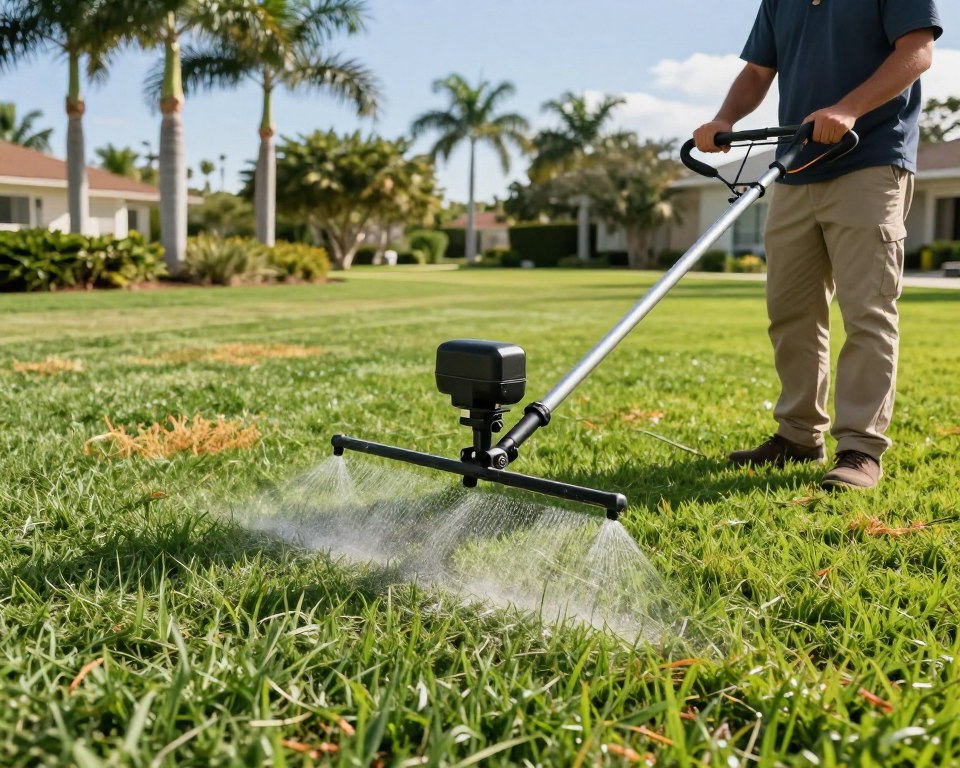 A lush green lawn in South Florida, featuring a professional landscaper in modest casual clothing applying fertilizer evenly with a spreader. In the foreground, a detailed spreader with fertilizer spilling onto the grass, showcasing even distribution. The middle ground highlights the vibrant green grass, with a few areas showing variations in color to depict the effects of proper versus improper application. The background reveals palm trees and a clear blue sky to emphasize the tropical climate. Soft, natural lighting enhances the vivid colors and textures, while a slight downward angle captures the action and context of lawn care. The overall mood is active and informative, reflecting best practices for fertilizer application.