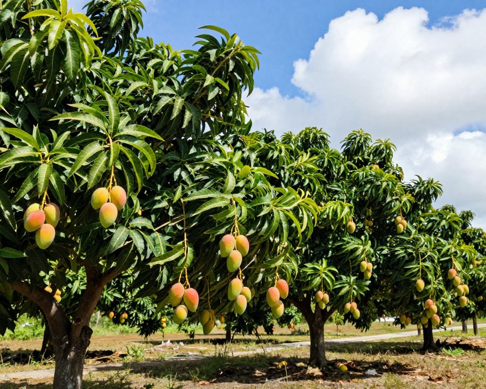 A lush scene of several mature mango trees thriving in a South Florida landscape. In the foreground, clusters of ripe mangoes hang from the branches, showcasing their vibrant yellows and reds. The middle ground features the mango trees with broad, green leaves, their trunks robust and slightly curved, embodying resilience against storms. In the background, a clear blue sky with fluffy white clouds provides a bright, sunny atmosphere typical of the region. The sunlight illuminates the trees, casting gentle shadows on the ground. The overall mood is serene and tropical, reflecting the beauty and abundance of mango trees in their ideal climate. The composition focuses on realism and natural colors, with no human figures or text elements present.