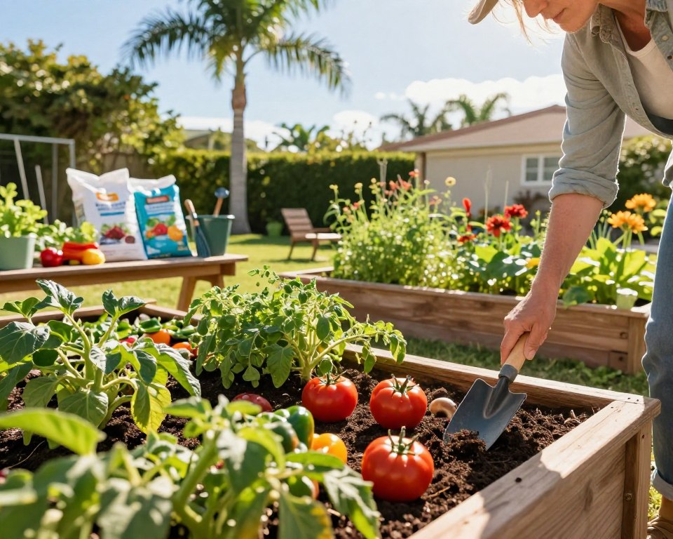 A lush, vibrant raised garden bed in a sunny Florida backyard, overflowing with healthy, colorful vegetables like tomatoes, peppers, and herbs. In the foreground, a gardener in modest casual clothing, using a trowel to check the soil's moisture, exudes a sense of care and dedication. The middle ground shows an array of gardening tools neatly arranged on a wooden bench, along with bags of nutrient-rich soil amendments ready for application. In the background, palm trees sway gently under a bright blue sky, highlighting the tropical feel typical of Florida. The warm, golden sunlight casts soft shadows, creating an inviting atmosphere that reflects the importance of seasonal maintenance for productive soil. Use a realistic color palette to enhance the natural beauty of the scene, capturing a tranquil yet industrious mood.