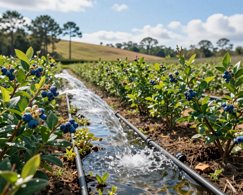 A serene irrigation scene showcasing crystal clear water flowing through a system of drip irrigation tubing in a lush blueberry farm in Florida. In the foreground, several vibrant blueberry bushes with ripe, plump berries are highlighted, reflecting the sunlight with a touch of dew. The middle ground features a row of green blueberry plants, while the background reveals a gentle slope of rolling hills dotted with pine trees under a bright blue sky. Soft, natural lighting creates a warm, inviting atmosphere, capturing the essence of Florida's agricultural landscape. The composition emphasizes the importance of efficient watering practices, promoting a sense of growth and vitality in the garden.