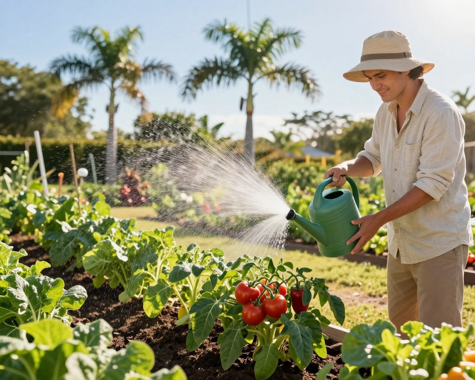 A vibrant Florida garden scene focused on an effective watering strategy for summer vegetables. In the foreground, a gardener wearing a sun hat and light, breathable clothing carefully waters a row of thriving plants, such as tomatoes and peppers, with a handheld watering can. The middle ground features a variety of green leafy vegetables, displaying healthy growth under the warm sunlight. In the background, palm trees sway gently, and a clear blue sky enhances the sunny atmosphere. Soft, golden light illuminates the scene, creating a cheerful, inviting mood. The perspective is slightly angled, capturing both the gardener's focused expression and the lush garden, showcasing the essential care needed to beat Florida's summer heat.