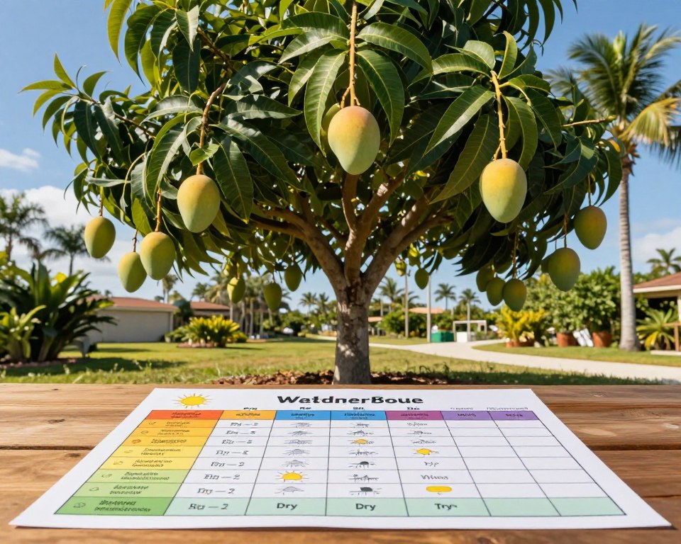 A vibrant mango tree at the center of the composition, lush and full of ripe mangoes hanging from its branches. In the foreground, a well-organized watering schedule chart is laid out on a wooden table, featuring color-coded sections for various watering needs based on weather conditions: heat, rain, and dry spells. The middle ground showcases a sunny Florida landscape with palm trees and blue skies, reflecting the tropical environment. A gentle breeze rustles the leaves of the mango tree, casting soft shadows. The lighting is warm and natural, emphasizing the rich greens of the tree and the golden hues of the mangoes. The atmosphere is calm and inviting, perfect for a local gardening scene that captures the essence of ongoing care in Florida's climate.