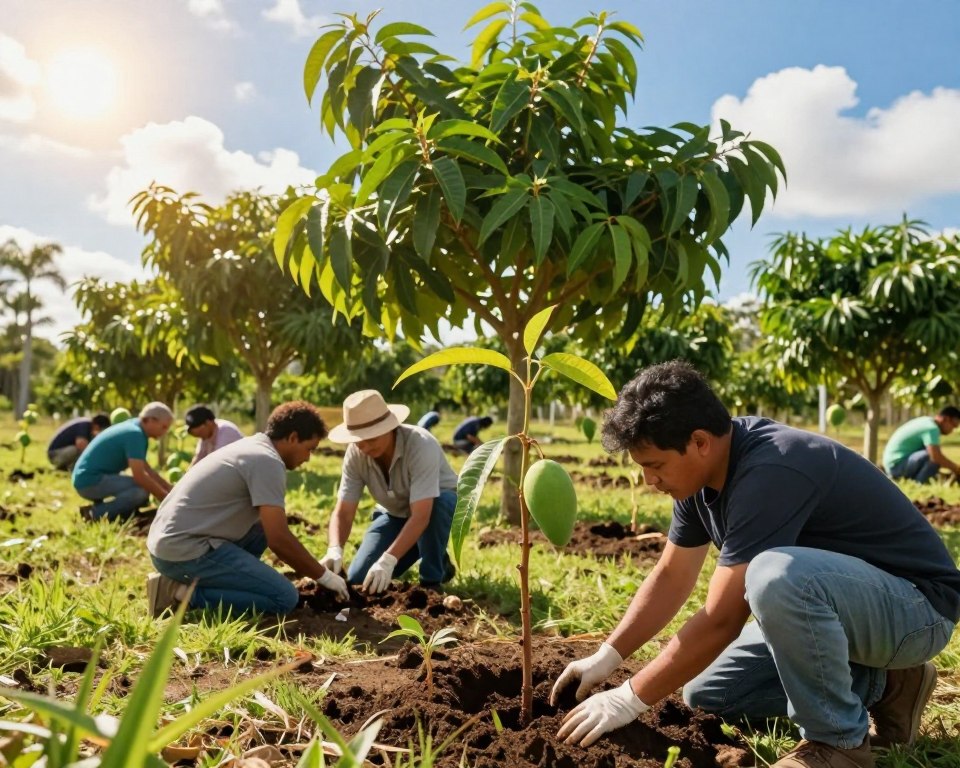 A vibrant scene depicting a mango tree planting in Florida, with a close-up view of a diverse group of individuals in modest casual clothing, kneeling in the foreground, planting young mango saplings in rich, dark soil. To their left, the gleaming sun casts a warm, golden light, enhancing the lush, green foliage of the mango trees in the middle ground, framed by healthy grass. In the background, a clear blue sky dotted with fluffy white clouds emphasizes the warm, tropical atmosphere. The setting exudes a sense of community and dedication to nurturing growth. The image captures the beauty of nature and the joy of gardening, with realistic colors highlighting the vibrant greens and earthy tones of the Florida landscape.