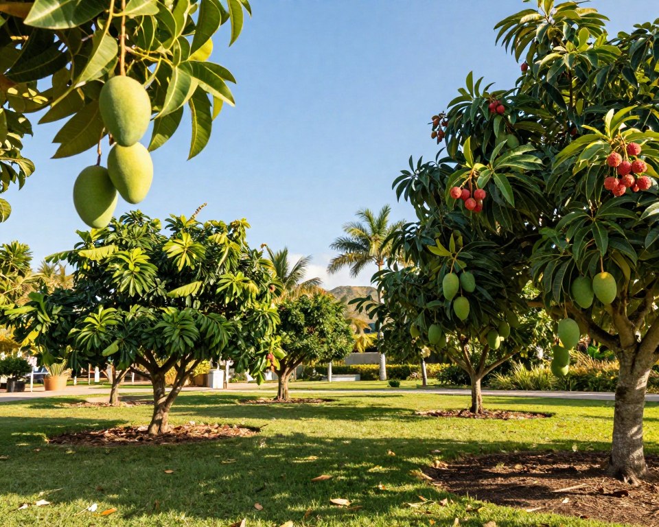 Lush tropical garden in South Florida, featuring diverse fruit trees like mango, avocado, and lychee, set against a bright blue sky. In the foreground, vibrant green leaves and ripe tropical fruits dangle enticingly from branches. In the middle, the trees are arranged harmoniously, showcasing their unique shapes and textures, with a pathway winding through the garden. In the background, a sunny landscape with palm trees and distant low hills adds depth. The scene is bathed in warm, golden sunlight, creating a tranquil and inviting atmosphere. The composition captures the natural beauty and abundance typical of South Florida gardens, emphasizing a serene and lush tropical vibe.