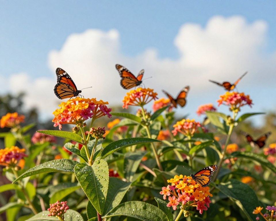 A close-up of vibrant milkweed plants swaying gently in a warm Florida breeze, showcasing clusters of orange and pink flowers attracting butterflies. In the foreground, a vivid green milkweed leaf with dew drops glistening in the soft morning sunlight. The middle ground features several butterflies, including monarchs and swallowtails, delicately perched on the blossoms. The background reveals a bright blue sky with a few fluffy white clouds, enhancing the serene atmosphere of a butterfly garden. The lighting is warm and inviting, casting soft shadows and highlighting the intricate details of the flora. The composition captures the essence of a native Florida butterfly habitat, conveying a sense of tranquility and natural beauty. A close-up of vibrant milkweed plants swaying gently in a warm Florida breeze, showcasing clusters of orange and pink flowers attracting butterflies. In the foreground, a vivid green milkweed leaf with dew drops glistening in the soft morning sunlight. The middle ground features several butterflies, including monarchs and swallowtails, delicately perched on the blossoms. The background reveals a bright blue sky with a few fluffy white clouds, enhancing the serene atmosphere of a butterfly garden. The lighting is warm and inviting, casting soft shadows and highlighting the intricate details of the flora. The composition captures the essence of a native Florida butterfly habitat, conveying a sense of tranquility and natural beauty.