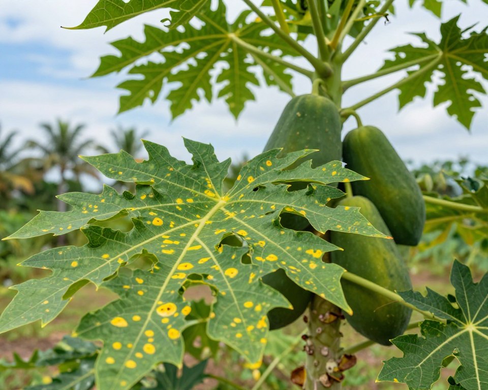 A close-up view of a papaya leaf visibly infected with the papaya ringspot virus, showcasing the distinct circular yellowish patterns and mottling on the leaf surface. In the foreground, focus on the leaf’s intricate texture and the contrasting green color of healthy adjacent leaves. In the middle ground, include a few ripe papayas on the tree, surrounded by healthy foliage, depicting the balance of life and disease. The background features a softly blurred Florida landscape with a blue sky and palm trees, creating a serene atmosphere. Soft, natural lighting captures the details of the leaves, emphasizing the impact of the virus while conveying a sense of urgency for disease management in tropical agriculture. Aim for a realistic, educational tone in the composition. A close-up view of a papaya leaf visibly infected with the papaya ringspot virus, showcasing the distinct circular yellowish patterns and mottling on the leaf surface. In the foreground, focus on the leaf’s intricate texture and the contrasting green color of healthy adjacent leaves. In the middle ground, include a few ripe papayas on the tree, surrounded by healthy foliage, depicting the balance of life and disease. The background features a softly blurred Florida landscape with a blue sky and palm trees, creating a serene atmosphere. Soft, natural lighting captures the details of the leaves, emphasizing the impact of the virus while conveying a sense of urgency for disease management in tropical agriculture. Aim for a realistic, educational tone in the composition.