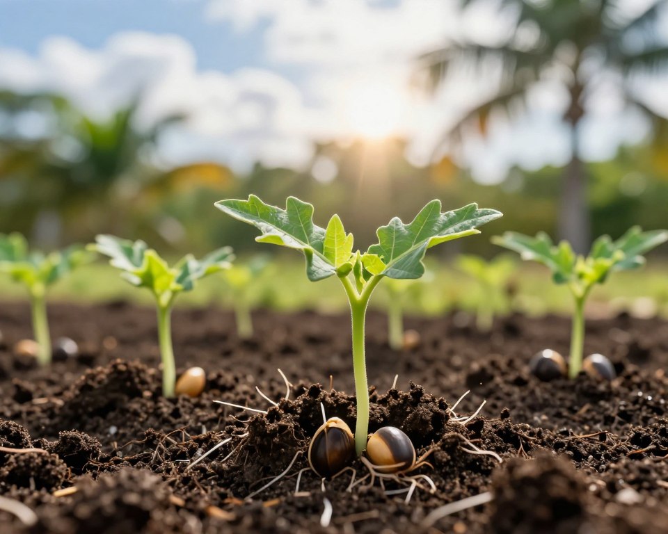 A close-up view of seed germination, prominently featuring papaya seeds just breaking through the soil. In the foreground, small green sprouts emerge, their delicate leaves unfurling, showcasing vibrant green hues. The middle ground includes rich, dark soil, dotted with tiny white root hairs reaching downwards. In the background, a warm Florida sunlight filters through soft, fluffy clouds, casting a gentle glow on the scene. Lush tropical plants and palm trees are subtly visible, creating a serene and inviting atmosphere. The angle is slightly above eye level, emphasizing the growth process while maintaining focus on the seeds. The lighting is natural and bright, enhancing the rich earthy tones and the fresh greenery, evoking a sense of vitality and new beginnings. A close-up view of seed germination, prominently featuring papaya seeds just breaking through the soil. In the foreground, small green sprouts emerge, their delicate leaves unfurling, showcasing vibrant green hues. The middle ground includes rich, dark soil, dotted with tiny white root hairs reaching downwards. In the background, a warm Florida sunlight filters through soft, fluffy clouds, casting a gentle glow on the scene. Lush tropical plants and palm trees are subtly visible, creating a serene and inviting atmosphere. The angle is slightly above eye level, emphasizing the growth process while maintaining focus on the seeds. The lighting is natural and bright, enhancing the rich earthy tones and the fresh greenery, evoking a sense of vitality and new beginnings.