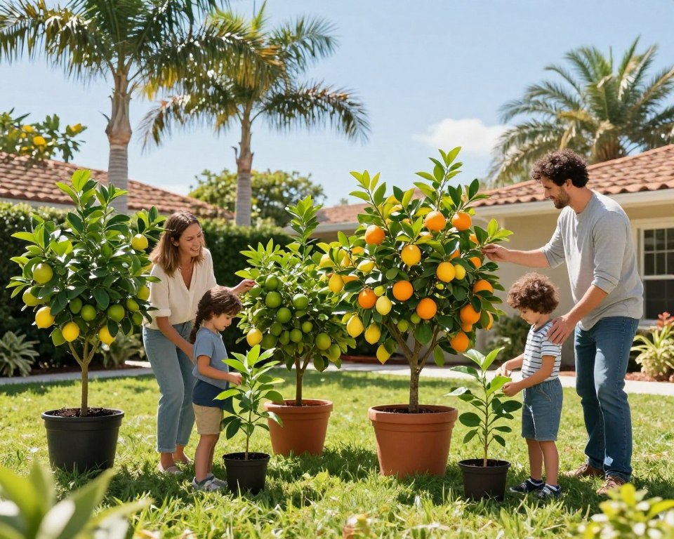 A family of four is gathered in a sunny Florida backyard, examining various citrus trees for their home garden. In the foreground, the parents, dressed in casual gardening attire, are discussing the benefits of lemon and orange trees, while their children explore small pots of citrus saplings. The middle ground features lush green grass and a selection of vibrant potted citrus trees like lemons, limes, and oranges, showcasing their bright fruits and glossy leaves. In the background, tall palm trees sway gently against a clear blue sky, adding to the warm, inviting Florida atmosphere. The lighting is bright and natural, casting soft shadows, creating a cheerful and hopeful mood that captures the spirit of gardening and growth. A family of four is gathered in a sunny Florida backyard, examining various citrus trees for their home garden. In the foreground, the parents, dressed in casual gardening attire, are discussing the benefits of lemon and orange trees, while their children explore small pots of citrus saplings. The middle ground features lush green grass and a selection of vibrant potted citrus trees like lemons, limes, and oranges, showcasing their bright fruits and glossy leaves. In the background, tall palm trees sway gently against a clear blue sky, adding to the warm, inviting Florida atmosphere. The lighting is bright and natural, casting soft shadows, creating a cheerful and hopeful mood that captures the spirit of gardening and growth.