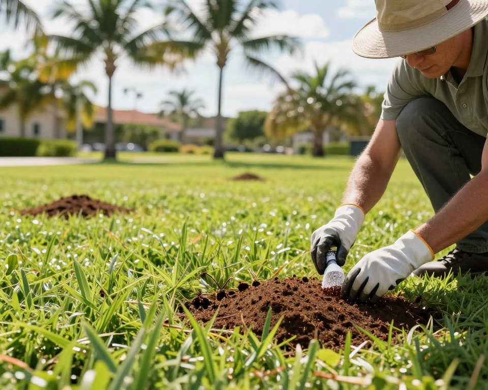A lush, green Florida lawn, showcasing various treatment methods for controlling fire ants. In the foreground, a close-up view of a gardener in a sunhat and gloves, carefully applying a granular pest control product. The gardener is depicted in modest casual clothing, focused and determined. In the middle ground, visible fire ant mounds are being treated, with detailed textures of the ants and soil. The background features typical Florida scenery, with palm trees swaying gently in a bright, sunlit sky. The lighting is warm, emphasizing the vibrant colors of the lawn, creating a dynamic and engaging atmosphere. The overall mood is one of proactive care and pest management. A lush, green Florida lawn, showcasing various treatment methods for controlling fire ants. In the foreground, a close-up view of a gardener in a sunhat and gloves, carefully applying a granular pest control product. The gardener is depicted in modest casual clothing, focused and determined. In the middle ground, visible fire ant mounds are being treated, with detailed textures of the ants and soil. The background features typical Florida scenery, with palm trees swaying gently in a bright, sunlit sky. The lighting is warm, emphasizing the vibrant colors of the lawn, creating a dynamic and engaging atmosphere. The overall mood is one of proactive care and pest management.