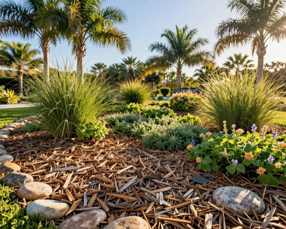 A lush xeriscape garden in Florida featuring a rich layer of organic mulch, providing excellent moisture retention and weed suppression. In the foreground, texture-rich wood chips and shredded bark create a natural, earthy ground cover, enhanced with scattered smooth stones for contrast. The middle ground showcases vibrant native plants such as ornamental grasses and flowering ground covers, displaying a variety of greens and subtle blooms. The background reveals gently swaying palm trees under a clear blue sky, with golden sunlight streaming through, casting soft shadows that add warmth to the scene. The lighting is bright yet soft, reminiscent of a serene Florida afternoon, creating a peaceful and inviting atmosphere. A lush xeriscape garden in Florida featuring a rich layer of organic mulch, providing excellent moisture retention and weed suppression. In the foreground, texture-rich wood chips and shredded bark create a natural, earthy ground cover, enhanced with scattered smooth stones for contrast. The middle ground showcases vibrant native plants such as ornamental grasses and flowering ground covers, displaying a variety of greens and subtle blooms. The background reveals gently swaying palm trees under a clear blue sky, with golden sunlight streaming through, casting soft shadows that add warmth to the scene. The lighting is bright yet soft, reminiscent of a serene Florida afternoon, creating a peaceful and inviting atmosphere.