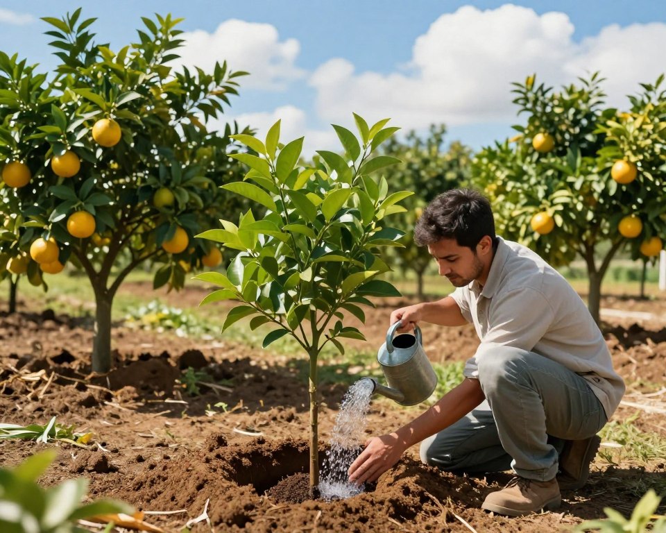 A serene garden scene in Florida during bright daylight showcases a detailed step-by-step illustration of planting citrus trees. In the foreground, a professional gardener in casual attire kneels beside a freshly dug hole, gently placing a young citrus tree with rich, green leaves into the soil. The middle layer shows the gardener holding a watering can, pouring water around the base of the plant, ensuring the roots are well-established. The background features a row of citrus trees, lush with fruit, under a clear blue sky dotted with fluffy white clouds. Natural sunlight highlights the vibrant colors of the citrus tree leaves and the earthy brown soil. The atmosphere is calm and inviting, capturing the essence of Florida’s gardening landscape. A serene garden scene in Florida during bright daylight showcases a detailed step-by-step illustration of planting citrus trees. In the foreground, a professional gardener in casual attire kneels beside a freshly dug hole, gently placing a young citrus tree with rich, green leaves into the soil. The middle layer shows the gardener holding a watering can, pouring water around the base of the plant, ensuring the roots are well-established. The background features a row of citrus trees, lush with fruit, under a clear blue sky dotted with fluffy white clouds. Natural sunlight highlights the vibrant colors of the citrus tree leaves and the earthy brown soil. The atmosphere is calm and inviting, capturing the essence of Florida’s gardening landscape.