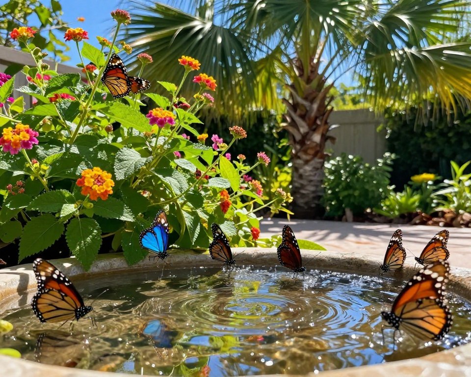 A serene garden scene in Florida, showcasing vibrant puddling butterflies sipping water from a shallow pool of glistening dew. In the foreground, colorful butterflies—such as the orange and black Monarch and the striking blue Morphos—flutter gracefully around blooming native flowers like lantana and milkweed. The middle ground features rich green foliage and the shimmering surface of the puddle, reflecting the bright blue sky above. In the background, a warm sun casts gentle, dappled sunlight through swaying palm fronds, creating a tranquil atmosphere. The overall mood is inviting and peaceful, encapsulating the harmony between nature and its fluttering inhabitants. Emilia's backyard garden serves as a natural habitat, thriving with life and rich colors. A serene garden scene in Florida, showcasing vibrant puddling butterflies sipping water from a shallow pool of glistening dew. In the foreground, colorful butterflies—such as the orange and black Monarch and the striking blue Morphos—flutter gracefully around blooming native flowers like lantana and milkweed. The middle ground features rich green foliage and the shimmering surface of the puddle, reflecting the bright blue sky above. In the background, a warm sun casts gentle, dappled sunlight through swaying palm fronds, creating a tranquil atmosphere. The overall mood is inviting and peaceful, encapsulating the harmony between nature and its fluttering inhabitants. Emilia's backyard garden serves as a natural habitat, thriving with life and rich colors.