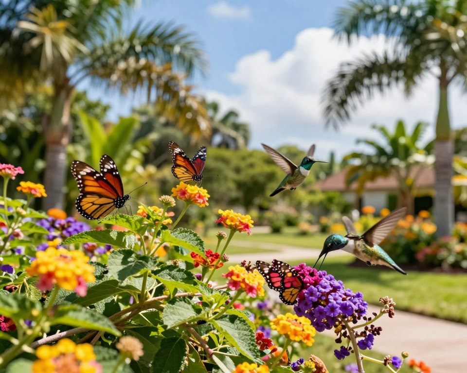 A vibrant Florida garden scene featuring brightly colored native flowers like lantana, trumpet vine, and butterfly bush in full bloom. In the foreground, various species of butterflies flutter gracefully among the blossoms, displaying their vivid patterns and colors. Hummingbirds hover nearby, their iridescent feathers catching the sunlight as they sip nectar from the flowers. The middle ground captures the lush greenery typical of a Florida landscape, with palm fronds and tropical foliage creating a lush backdrop. In the distance, the soft blur of a blue sky and wispy clouds enhances the serene atmosphere. The sunlight bathes the scene in a warm glow, highlighting the beauty of nature's pollinators in an enticing and peaceful setting. The perspective is slightly angled to create depth, drawing the viewer's eye into this enchanting natural moment.