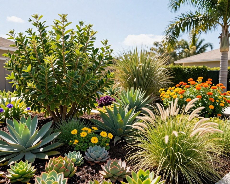 A vibrant xeriscape garden showcasing a variety of drought-tolerant plants native to Florida. In the foreground, colorful succulents and ornamental grasses, such as bunny tail and fountain grass, create texture and depth. The middle ground features leafy, native shrubs like coontie and firebush, complemented by clusters of blooming native flowers in yellows, oranges, and purples. The background presents a clear Florida sky with bright sunlight casting warm, natural lighting over the scene. The layout captures a serene, sustainable landscape that emphasizes ecological beauty and ease of maintenance. The overall atmosphere is peaceful and inviting, ideal for homeowners seeking low-water gardening solutions. A vibrant xeriscape garden showcasing a variety of drought-tolerant plants native to Florida. In the foreground, colorful succulents and ornamental grasses, such as bunny tail and fountain grass, create texture and depth. The middle ground features leafy, native shrubs like coontie and firebush, complemented by clusters of blooming native flowers in yellows, oranges, and purples. The background presents a clear Florida sky with bright sunlight casting warm, natural lighting over the scene. The layout captures a serene, sustainable landscape that emphasizes ecological beauty and ease of maintenance. The overall atmosphere is peaceful and inviting, ideal for homeowners seeking low-water gardening solutions.