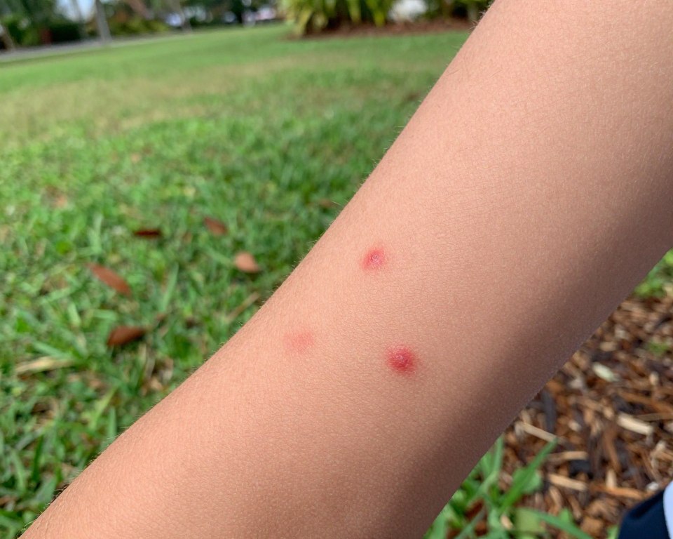 Close-up of fire ant stings on human skin, depicting red, swollen welts on a forearm to illustrate the painful effects of bites. The skin should look realistic, with visible details like tiny hairs and natural textures. In the background, a lush Florida lawn with green grass and scattered bits of mulch can be seen, highlighting the natural habitat of fire ants. Soft, diffused lighting creates a warm atmosphere, reminiscent of a sunny day. The angle should be slightly tilted for a dynamic perspective, focusing on the contrast between the vibrant skin tone and the environment. Emphasize a sense of concern for safety without depicting any distressing actions. Close-up of fire ant stings on human skin, depicting red, swollen welts on a forearm to illustrate the painful effects of bites. The skin should look realistic, with visible details like tiny hairs and natural textures. In the background, a lush Florida lawn with green grass and scattered bits of mulch can be seen, highlighting the natural habitat of fire ants. Soft, diffused lighting creates a warm atmosphere, reminiscent of a sunny day. The angle should be slightly tilted for a dynamic perspective, focusing on the contrast between the vibrant skin tone and the environment. Emphasize a sense of concern for safety without depicting any distressing actions.