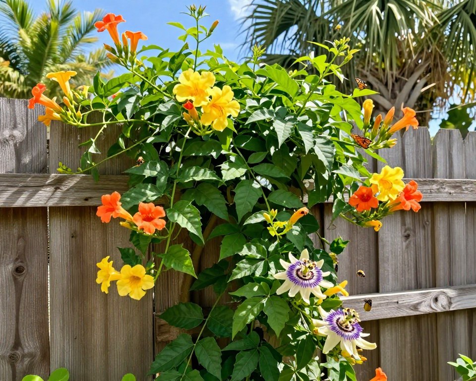 Vibrant Florida garden filled with flowering vines climbing a rustic wooden fence. In the foreground, lush green leaves showcase clusters of bright, colorful blooms like trumpet vines with orange and yellow hues, and purple passionflowers, attracting buzzing bees and fluttering butterflies. The middle ground features the textured fence adorned with these vines, creating an inviting shelter for pollinators. In the background, a sunlit blue sky casts warm light over the scene, highlighting the lush tropical foliage typical of Florida gardens. The overall mood is serene and lively, encapsulating a perfect environment for native pollinators. Ensure realistic colors and a soft focus, with detailed textures of the flowers and leaves, promoting a sense of harmony with nature.